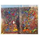 Pair Hand Painted Mexican Amate Bark Paintings – Folk Art Birds & Animals – Tree of Life Style”