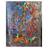 Pair Hand Painted Mexican Amate Bark Paintings – Folk Art Birds & Animals – Tree of Life Style”