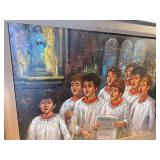 Vintage Signed Oil Painting – Choir Boys Singing in Church – Candlelight Scene – Framed 32x24