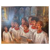 Vintage Signed Oil Painting – Choir Boys Singing in Church – Candlelight Scene – Framed 32x24