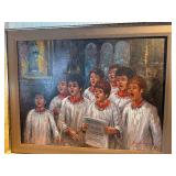 Vintage Signed Oil Painting – Choir Boys Singing in Church – Candlelight Scene – Framed 32x24
