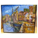 Vintage Oil Painting – Harbor Fishing Boat Scene – Heavy Texture Impasto – Framed