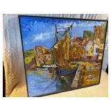 Vintage Oil Painting – Harbor Fishing Boat Scene – Heavy Texture Impasto – Framed