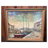 Vintage Signed Harbor Scene Painting – Framed Nautical Cityscape w/ Boats