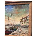 Vintage Signed Harbor Scene Painting – Framed Nautical Cityscape w/ Boats