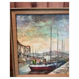 Vintage Signed Harbor Scene Painting – Framed Nautical Cityscape w/ Boats