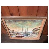 Vintage Signed Harbor Scene Painting – Framed Nautical Cityscape w/ Boats