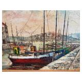 Vintage Signed Harbor Scene Painting – Framed Nautical Cityscape w/ Boats