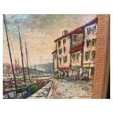 Vintage Signed Harbor Scene Painting – Framed Nautical Cityscape w/ Boats