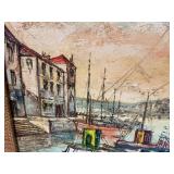 Vintage Signed Harbor Scene Painting – Framed Nautical Cityscape w/ Boats