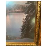 Framed Mountain Lake Landscape Print in Ornate Wood Frame