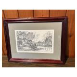 Framed Black & White Landscape Print – River Cabin Scene – Signed