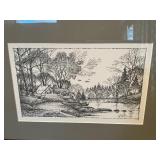 Framed Black & White Landscape Print – River Cabin Scene – Signed