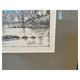 Framed Black & White Landscape Print – River Cabin Scene – Signed