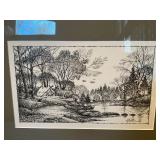 Framed Black & White Landscape Print – River Cabin Scene – Signed