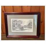 Framed Black & White Landscape Print – River Cabin Scene – Signed