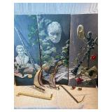 Vintage Musical Wall Art Triptych w/ Metal Sailboats & Brass Decor – Violin, Mozart, Clarinet Theme