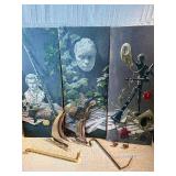 Vintage Musical Wall Art Triptych w/ Metal Sailboats & Brass Decor – Violin, Mozart, Clarinet Theme