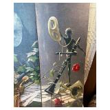 Vintage Musical Wall Art Triptych w/ Metal Sailboats & Brass Decor – Violin, Mozart, Clarinet Theme