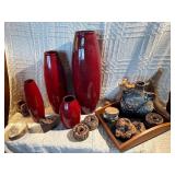 Modern Red Ceramic Vase Set + Rustic Studio Pottery Jug & Wood Decor Lot