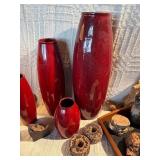Modern Red Ceramic Vase Set + Rustic Studio Pottery Jug & Wood Decor Lot