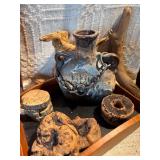 Modern Red Ceramic Vase Set + Rustic Studio Pottery Jug & Wood Decor Lot