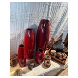 Modern Red Ceramic Vase Set + Rustic Studio Pottery Jug & Wood Decor Lot