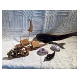 Nautical Wood Décor Lot – Hand Carved Whale, Boats, Shells & Folk Art Pieces