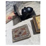 Asian Decor & Carved Wood Lot – Inlay Boxes, Bookends, Parasol & Desk Pieces