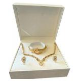 1980’s Costume Gold & Rhinestone Necklace, Earrings & Watch