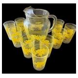 Vintage Pitcher & Glasses Bright Yellow Flower Set