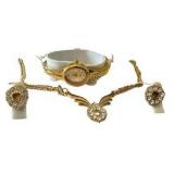 1980’s Costume Gold & Rhinestone Necklace, Earrings & Watch