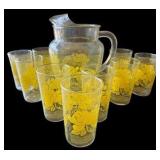 Vintage Pitcher & Glasses Bright Yellow Flower Set