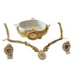1980’s Costume Gold & Rhinestone Necklace, Earrings & Watch
