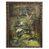 Vintage Large Original Oil on Canvas Painting, Egrets in Marsh