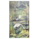 Vintage Large Original Oil on Canvas Painting, Egrets in Marsh