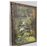 Vintage Large Original Oil on Canvas Painting, Egrets in Marsh