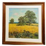 Landscape Painting - Lone Tree in Golden Field, Framed