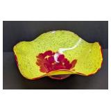Artisan Handblown Art Glass Bowl - Yellow with Red Floral Burst