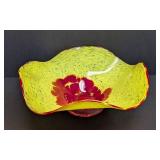 Artisan Handblown Art Glass Bowl - Yellow with Red Floral Burst