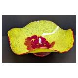 Artisan Handblown Art Glass Bowl - Yellow with Red Floral Burst