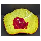 Artisan Handblown Art Glass Bowl - Yellow with Red Floral Burst