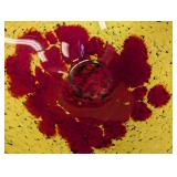 Artisan Handblown Art Glass Bowl - Yellow with Red Floral Burst