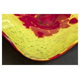 Artisan Handblown Art Glass Bowl - Yellow with Red Floral Burst