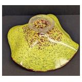 Artisan Handblown Art Glass Bowl - Yellow with Red Floral Burst