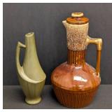 Vintage Mid Century Ceramic Vase & Pitcher Set - Olive Green Vessel & Brown Glazed Jug