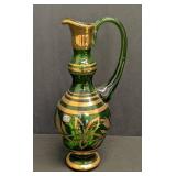 Vintage Bohemia Crystal Green Czech Glass Pitcher with Gold Deco