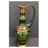 Vintage Bohemia Crystal Green Czech Glass Pitcher with Gold Deco