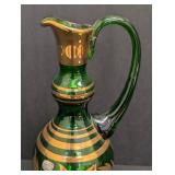 Vintage Bohemia Crystal Green Czech Glass Pitcher with Gold Deco