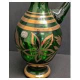 Vintage Bohemia Crystal Green Czech Glass Pitcher with Gold Deco